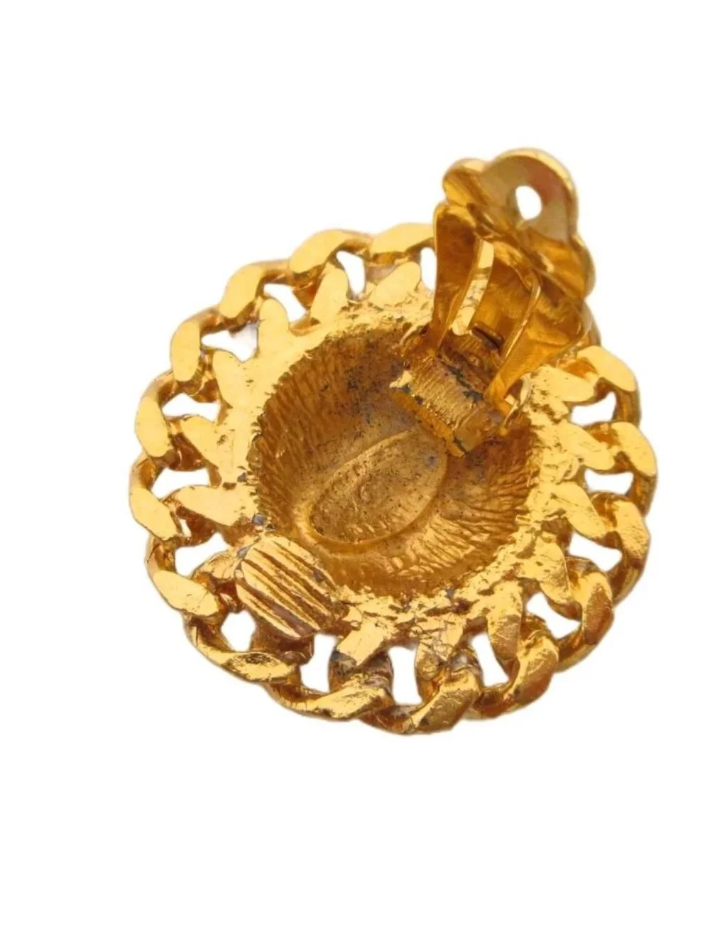 Chanel Vintage CC Logo Quilted Chain Motif Earrings Clip on Gold Plated Color